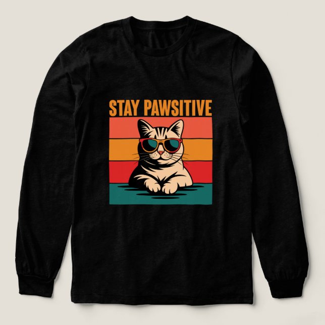 Stay Pawsitive Retro Cat Design T Shirt (Design framsida)