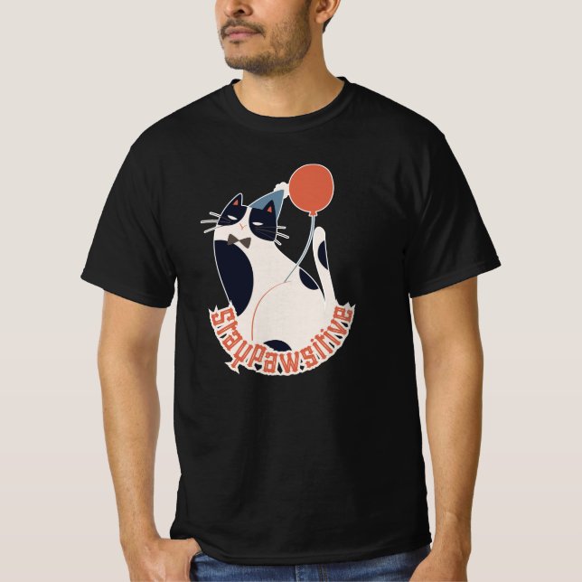 Stay Pawsitive Tuxedo Cat Birthday Party Grey  T Shirt (Framsida)