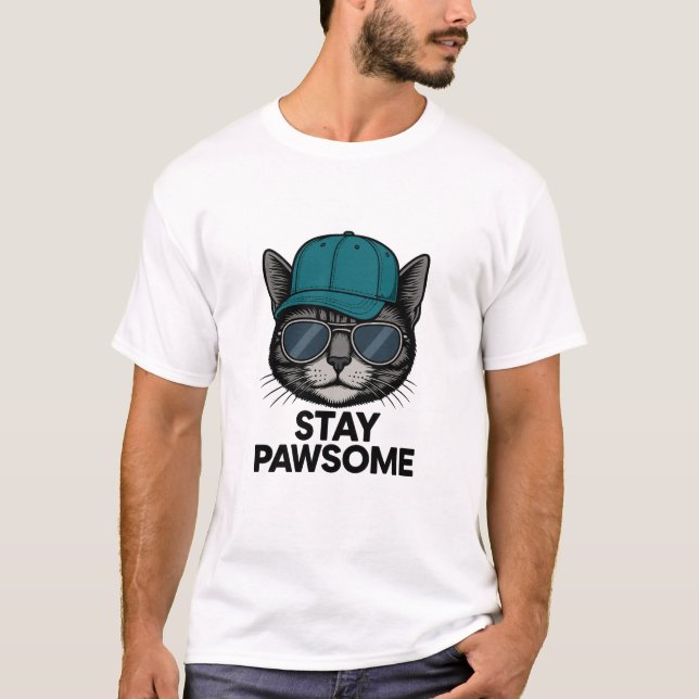Stay Pawsome – Cat Edition T Shirt (Framsida)