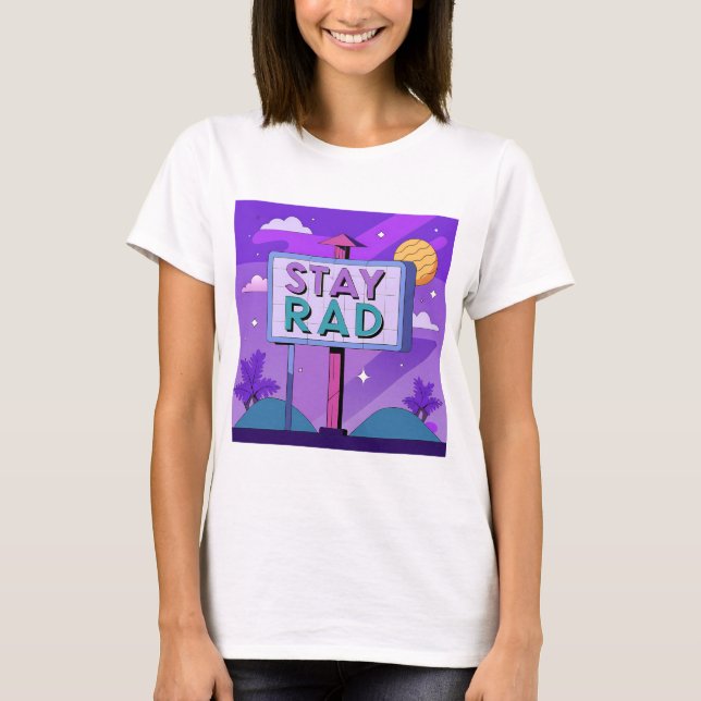"Stay Rad" Vaporwave Sunset Scene T Shirt (Framsida)