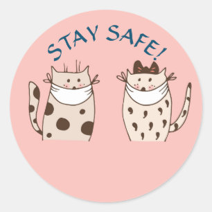STAY SÄKER STICKER TVÅ KATTER MED MASKER RUNT KLISTERMÄRKE