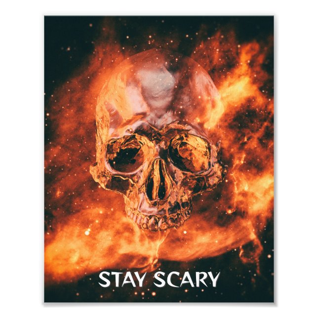 Stay Scary. Flaming skull in space Fototryck (Framsidan)