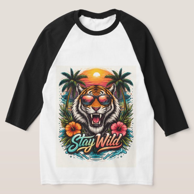 Stay Wild Tiger Sunset T-Shirt – Tropisk djungel G (Laydown)