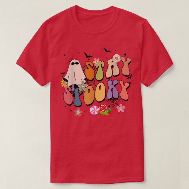 Stays Spooky Retro Groovy Ghost Blommigt Lycklig H T Shirt (Design framsida)