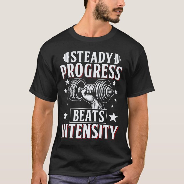 Steady Progress White fitness Gym workout T Shirt (Framsida)