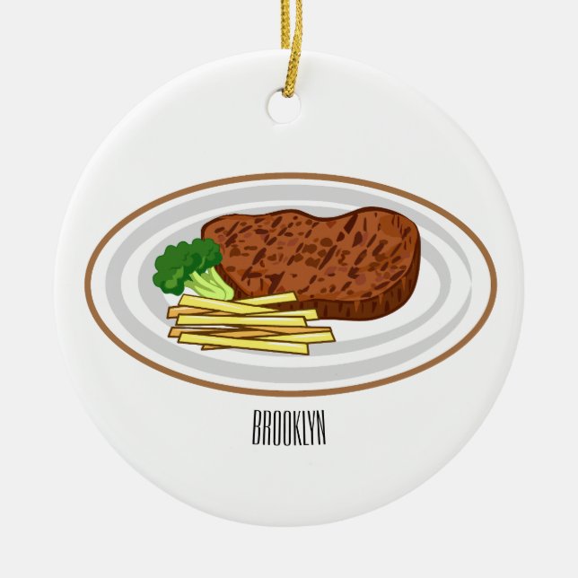 Steak tecknad illustration julgransprydnad keramik (Framsidan)