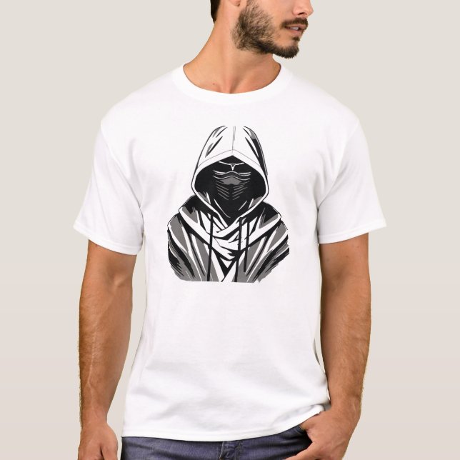Stealth Ninja Hoodie - Svart maskdesign för manar T Shirt (Framsida)