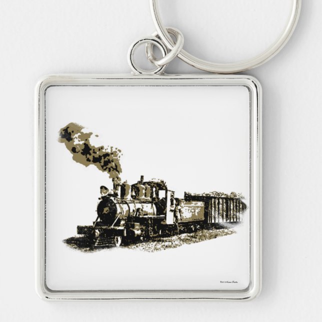Steam Locomotive Keychain Fyrkantig Silverfärgad Nyckelring (Framsidan)