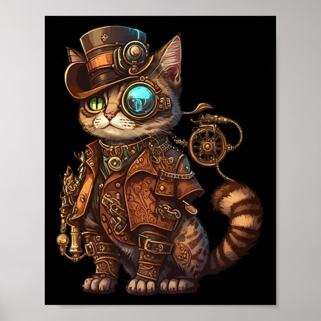 Steam Punk Cat Kitten Kattunge Steampunk Poster (Framsidan)