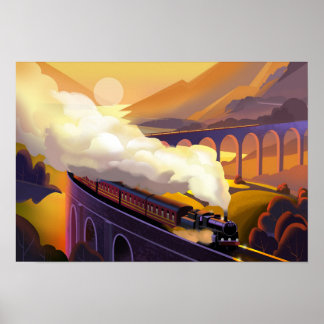 Steam tåg reser över bron i Skottland. Poster