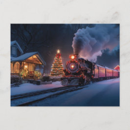 Steam tåg som går genom en julstad vykort