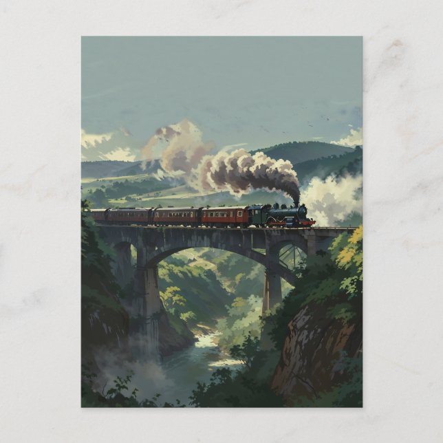 Steam Train Bridge - Painterly Style Landscape Art Vykort (Framsida)