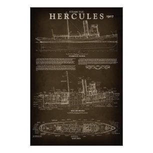 Steam Tugboat HERCULES Blueprint 1907 Fototryck