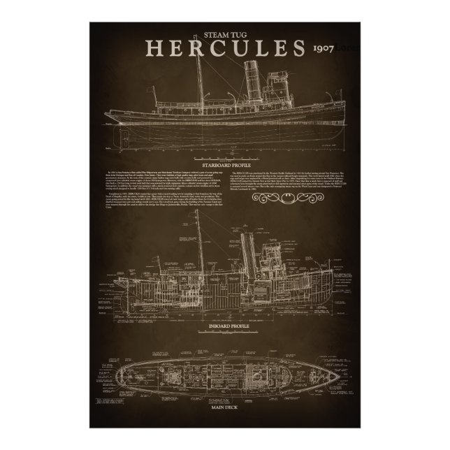 Steam Tugboat HERCULES Blueprint 1907 Fototryck (Framsidan)