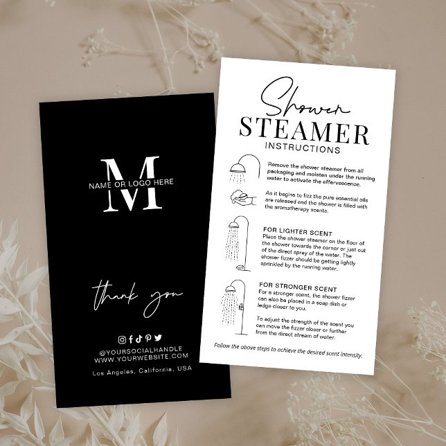 Steamer Care Guide med minimalistisk modern Logoty Visitkort (Shower Steamer care instructions cards with icons, modern layout and space for your brand details)