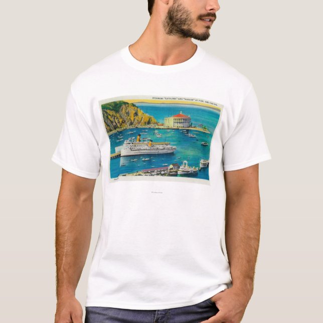 Steamers Catalina och Avalon på pir och kasino Tee Shirt (Framsida)