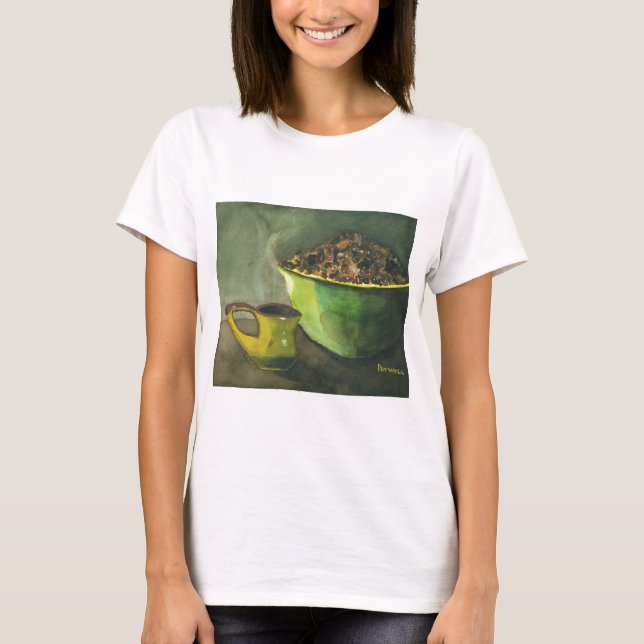 Steaming God morgon Kopp i Coffee Bowl Coffee Bean T-shirt (Framsida)