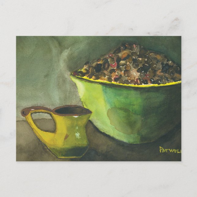 Steaming God morgon Kopp i Coffee Bowl Coffee Bean Vykort (Framsida)