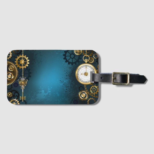 Steampun turcoise Background med Gears Bagagebricka (Framsida horisontal)