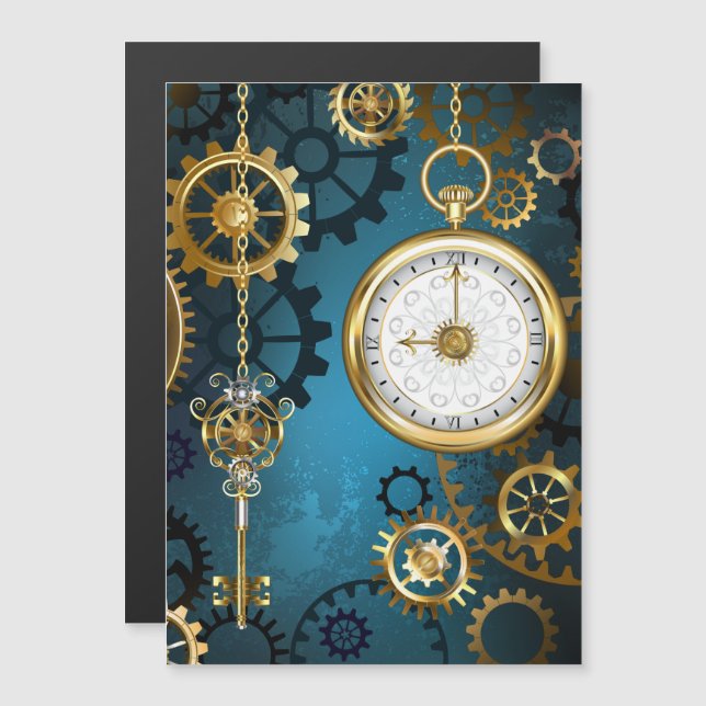 Steampun turcoise Background med Gears Magnetisk Inbjudningskort (Fram/baksida)