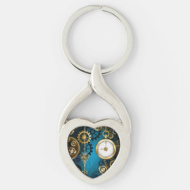Steampun turcoise Background med Gears Twisted Heart Silverfärgad Nyckelring (Framsidan)