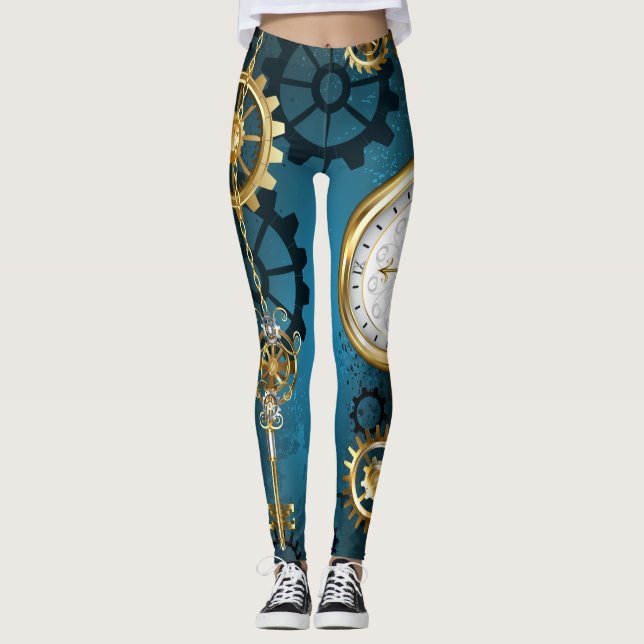 Steampun turkos Bakgrund med växlar Leggings (Framsida)