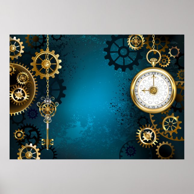 Steampun turquoise Background with Gears Poster (Framsidan)