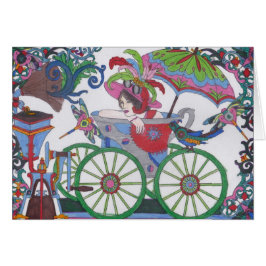 Steampunk 14 kvinna i rött, silver, blåttbadkar hälsningskort