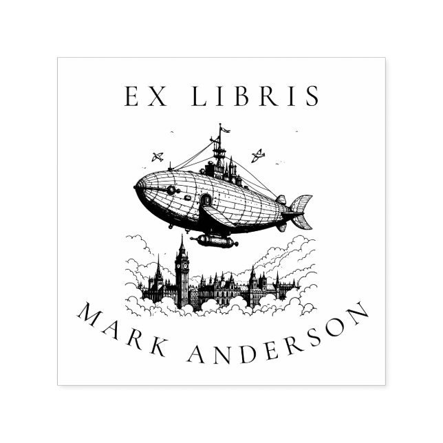 Steampunk Airship Bookplate Frimärke Självfärgande Stämpel (Design)