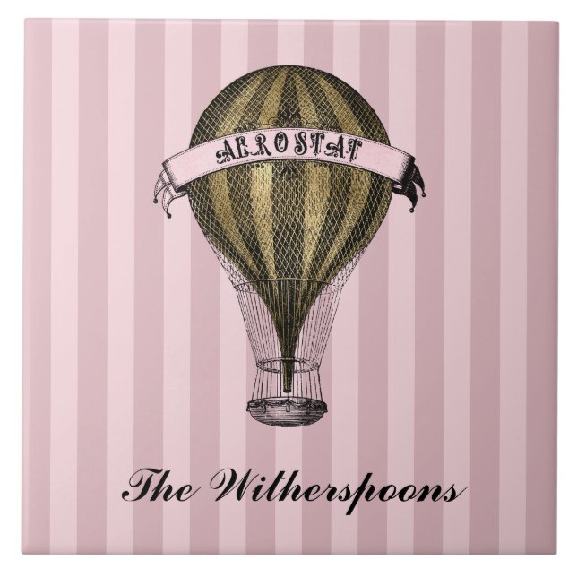 Steampunk Airship on Vintage Rosa Rand Monogram Kakelplatta (Framsidan)