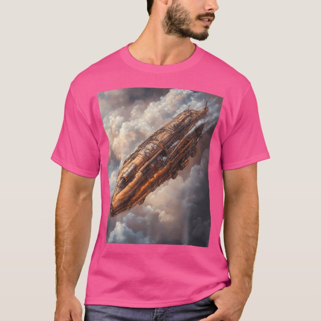 Steampunk Airship Soaring Fantasy Art T Shirt (Framsida)