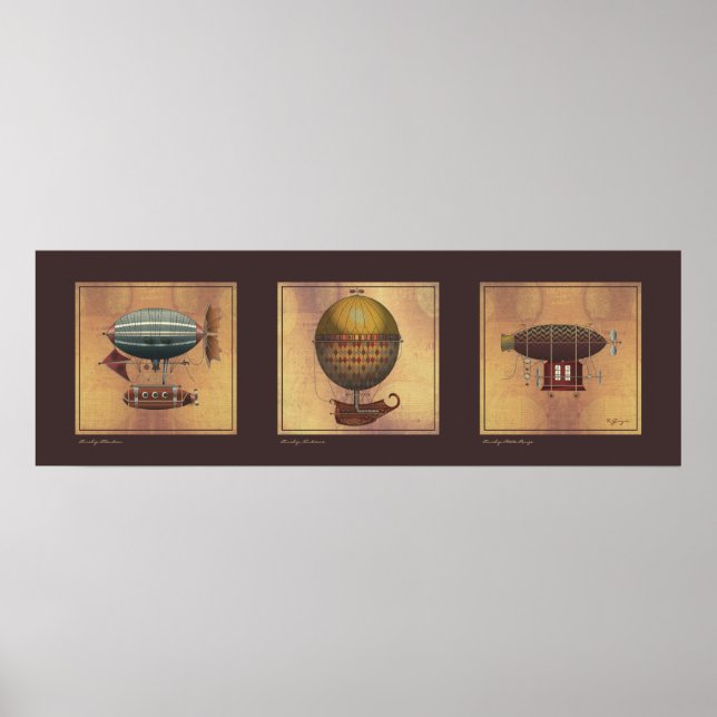 Steampunk Airship Trio of Fantasy Dirigibles Poster (Framsidan)