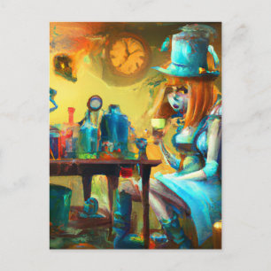 Steampunk Alice Skapar potioner i en Alchemy Lab Vykort