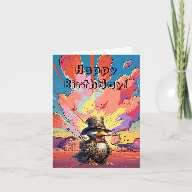 Steampunk Anka framför en Tecknad-explosion Tack Kort (Framsida)