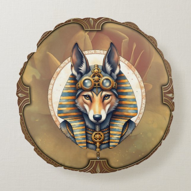 Steampunk Anubis Fox Porträtt Rund Kudde (Framsidan)