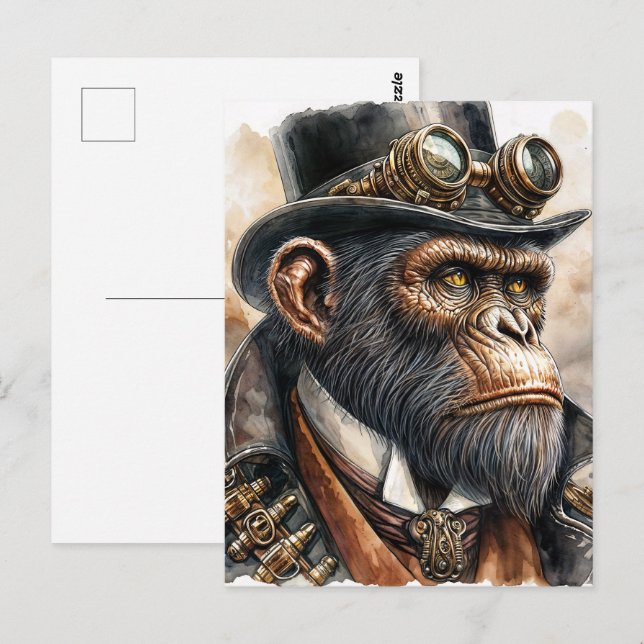 Steampunk Ape Watercolor Art Vykort (Fram/baksida)
