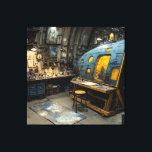 Steampunk Artist Submarine Studio Chaos Canvastryck<br><div class="desc">A dimly lit, riveted submarine-like chamber serves as an overflowing artist's sanctuary. A large easel displays an unfinished portrait while every surface groans under jars of paint, brushes, old books, mechanical oddities, and half-finished canvases. Warm lanterns and hanging bulbs throw golden pools across a cluttered workbench and paint-splattered drop cloth,...</div>