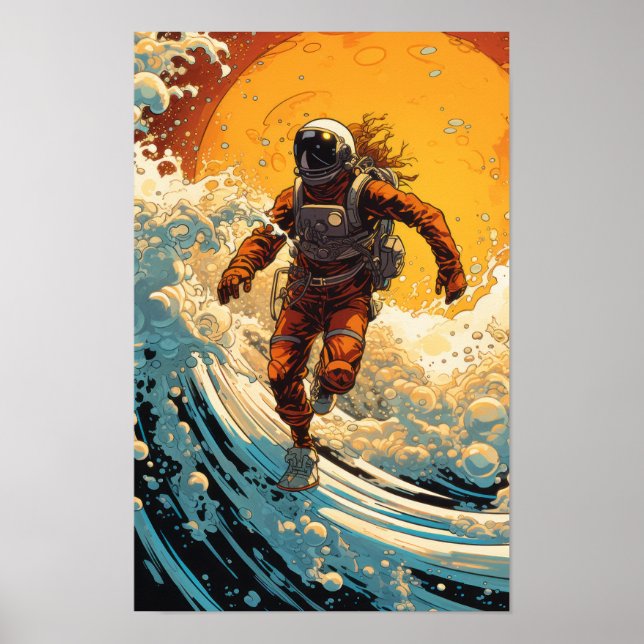 Steampunk Astronaut Surfing in Sci-Fi Surrealism P Poster (Framsidan)