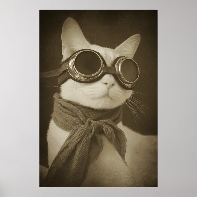 Steampunk Aviator Cat Sepia Portrait Poster (Framsidan)
