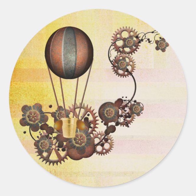 Steampunk Balloon Antique Gult Runt Klistermärke (Framsida)