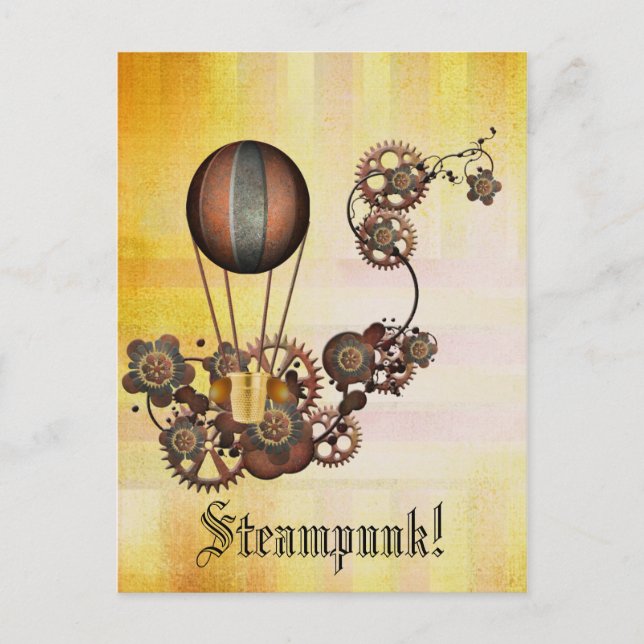 Steampunk Balloon Antique Gult Vykort (Framsida)