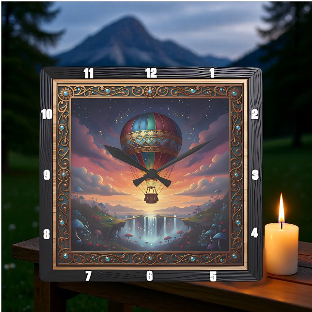 Steampunk Balloon Fantasy Waterfall Fyrkantig Klocka (Skapare uppladdad)