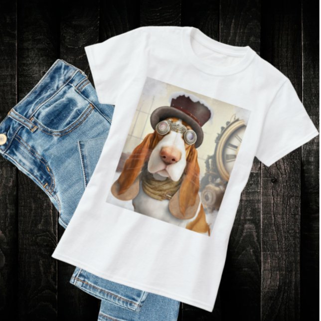 Steampunk Basset Hound T Shirt (Steampunk Basset Hound T-Shirt- Cute and fun for all my hound lovers out there. )