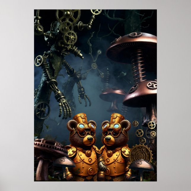 Steampunk Bears in Clockwork Forest Fantasy Art Poster (Framsidan)