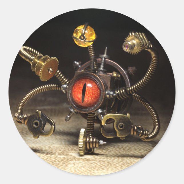 Steampunk Beholder Robot Runt Klistermärke (Framsida)