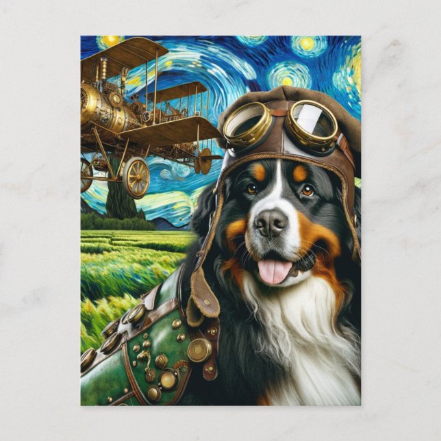 Steampunk Bernese Mountain Hund Van Gogh Vykort (Framsida)