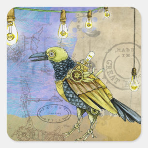 Steampunk Bird Invention Edison Light Bulb Sticker Fyrkantigt Klistermärke