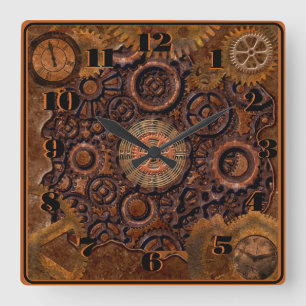 Steampunk Black, Brass, Brown Fyrkantig Klocka