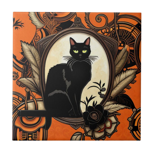 Steampunk Black Cat Halloween Kakelplatta (Framsidan)