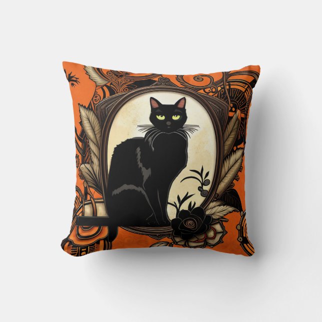 Steampunk Black Cat Halloween Kudde (Framsida)